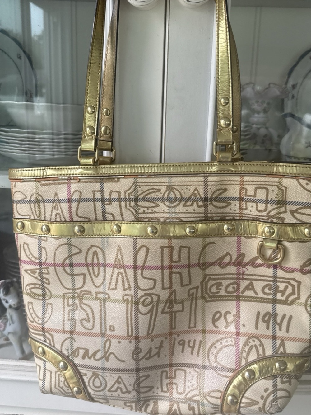 Coach Heritage Tattersall Graffiti Gold Tote Bag Handbag Purse F13188